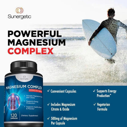 Premium Magnesiumcitrat Kapseln – 500 mg Magnesiumoxid & Citrat – Unterstützt gesunde Knochen, Muskeln, Zähne, Energie & Entspannung – 120 vegane Kapseln