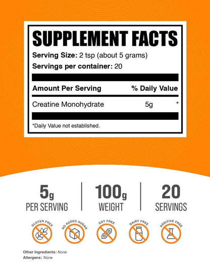 BulkSupplements.com Kreatin Monohydrat Pulver - Mikronisiertes Kreatinpulver, ungewürzt - Rein & Glutenfrei, 5 g (5000 mg) pro Portion, 100 g (3,5 oz) (1er-Pack)