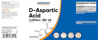 Nutricost D-Asparaginsäure (DAA) Kapseln 3000 mg pro Portion (180 Kapseln) - Non-GMO