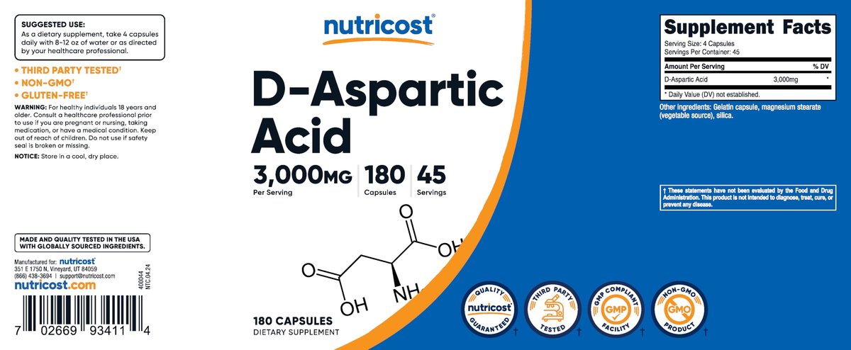 Nutricost D-Asparaginsäure (DAA) Kapseln 3000 mg pro Portion (180 Kapseln) - Non-GMO