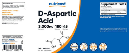 Nutricost D-Asparaginsäure (DAA) Kapseln 3000 mg pro Portion (180 Kapseln) - Non-GMO
