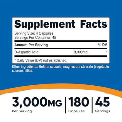 Nutricost D-Asparaginsäure (DAA) Kapseln 3000 mg pro Portion (180 Kapseln) - Non-GMO