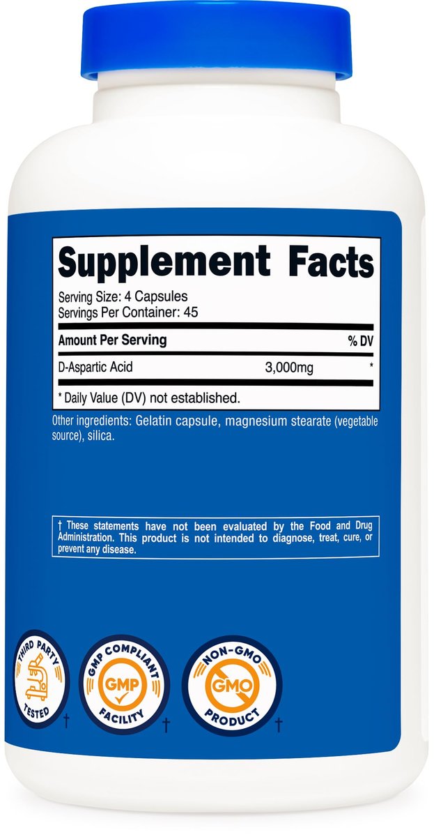 Nutricost D-Asparaginsäure (DAA) Kapseln 3000 mg pro Portion (180 Kapseln) - Non-GMO