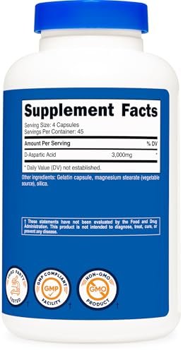 Nutricost D-Asparaginsäure (DAA) Kapseln 3000 mg pro Portion (180 Kapseln) - Non-GMO