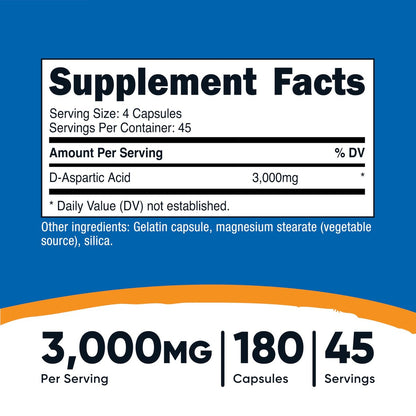 Nutricost D-Asparaginsäure (DAA) Kapseln 3000 mg pro Portion (180 Kapseln) - Non-GMO