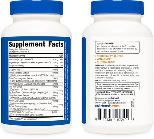 Nutricost Testosteron-Unterstützungskomplex (90 Kapseln) – 1800 mg pro Portion