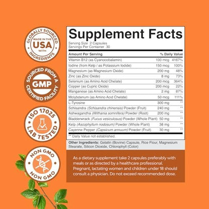 Natures Craft Kräuter-Komplex zur Schilddrüsenunterstützung - Hochwirksames Kelp-Jod-Präparat mit L-Tyrosin, Blasentang, Selen & Ashwagandha für Hormonbalance - Stimmungs- und Energie-Diätpillen - 60 Stück