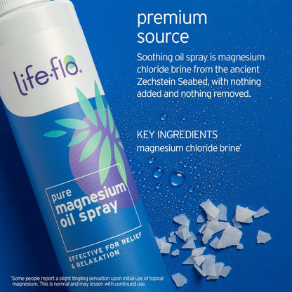 LIFE-FLO Magnesiumöl für Füße und Körper – Topisches Magnesiumspray zur Beruhigung von Muskeln und Gelenken – Auch als Deo-Spray oder Badeöl geeignet – Hypoallergen – 60-Tage-Garantie – 59 ml