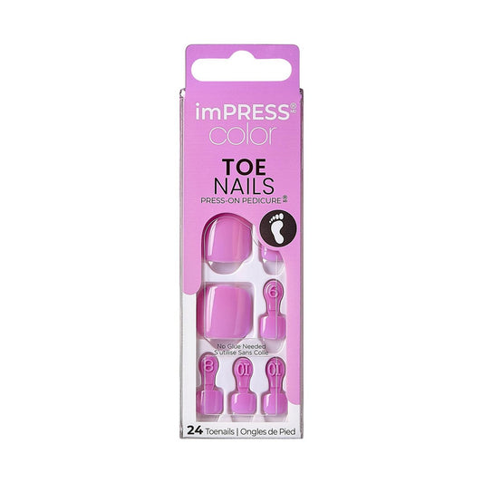 KISS imPRESS Color No Glue Pedi Press-On Zehennägel, Pink Squoval Form, 24 Nägel, Vorbereitungspad, Manikürestab, Mini-Feile