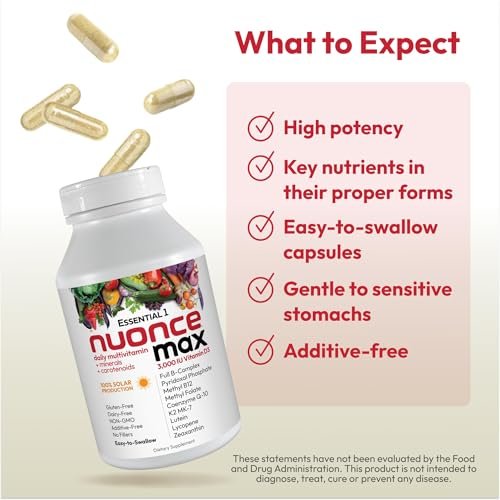 ANDREW LESSMAN Essential-1 nuonce max Multivitamin 3000 IE Vitamin D3 30 kleine Kapseln. 100 mcg Methyl B12. CoQ10 Lutein Lycopin Zeaxanthin. Hochdosiert. Ohne Zusätze. Ultramilde Ein-Kapsel-Tagesdosis