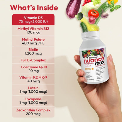 ANDREW LESSMAN Essential-1 nuonce max Multivitamin 3000 IE Vitamin D3 30 kleine Kapseln. 100 mcg Methyl B12. CoQ10 Lutein Lycopin Zeaxanthin. Hochdosiert. Ohne Zusätze. Ultramilde Ein-Kapsel-Tagesdosis