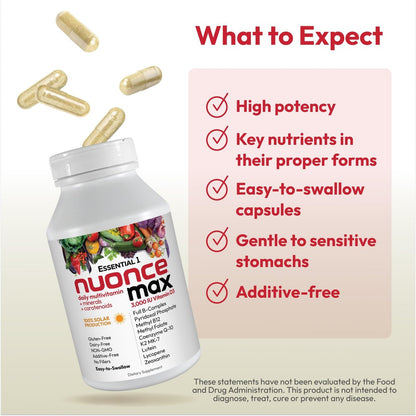 ANDREW LESSMAN Essential-1 nuonce max Multivitamin 3000 IE Vitamin D3 30 kleine Kapseln. 100 mcg Methyl B12. CoQ10 Lutein Lycopin Zeaxanthin. Hochdosiert. Ohne Zusätze. Ultramilde Ein-Kapsel-Tagesdosis