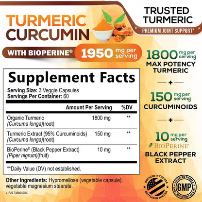 Turmeric Curcumin Komplex mit BioPerine Schwarzem Pfeffer – 95% Curcuminoide, Bio Kurkuma, 180 Kapseln – Vegan, Nicht-GMO, Hergestellt in USA