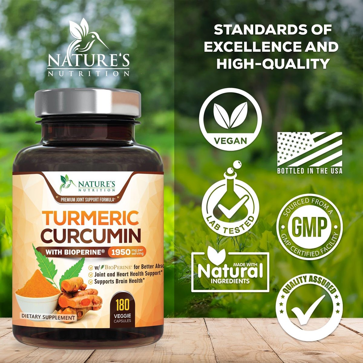 Turmeric Curcumin Komplex mit BioPerine Schwarzem Pfeffer – 95% Curcuminoide, Bio Kurkuma, 180 Kapseln – Vegan, Nicht-GMO, Hergestellt in USA