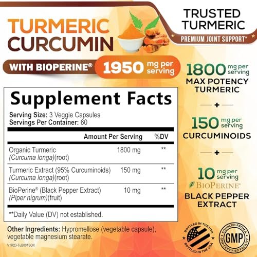 Turmeric Curcumin Komplex mit BioPerine Schwarzem Pfeffer – 95% Curcuminoide, Bio Kurkuma, 180 Kapseln – Vegan, Nicht-GMO, Hergestellt in USA