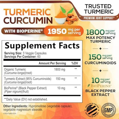Turmeric Curcumin Komplex mit BioPerine Schwarzem Pfeffer – 95% Curcuminoide, Bio Kurkuma, 180 Kapseln – Vegan, Nicht-GMO, Hergestellt in USA