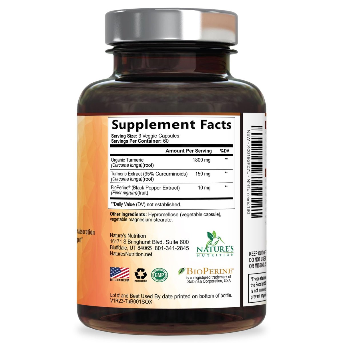 Turmeric Curcumin Komplex mit BioPerine Schwarzem Pfeffer – 95% Curcuminoide, Bio Kurkuma, 180 Kapseln – Vegan, Nicht-GMO, Hergestellt in USA