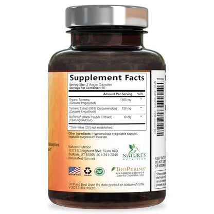 Turmeric Curcumin Komplex mit BioPerine Schwarzem Pfeffer – 95% Curcuminoide, Bio Kurkuma, 180 Kapseln – Vegan, Nicht-GMO, Hergestellt in USA