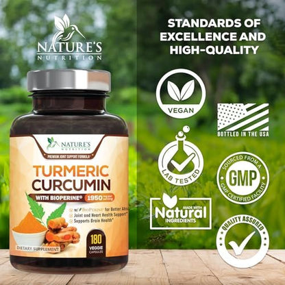 Turmeric Curcumin Komplex mit BioPerine Schwarzem Pfeffer – 95% Curcuminoide, Bio Kurkuma, 180 Kapseln – Vegan, Nicht-GMO, Hergestellt in USA