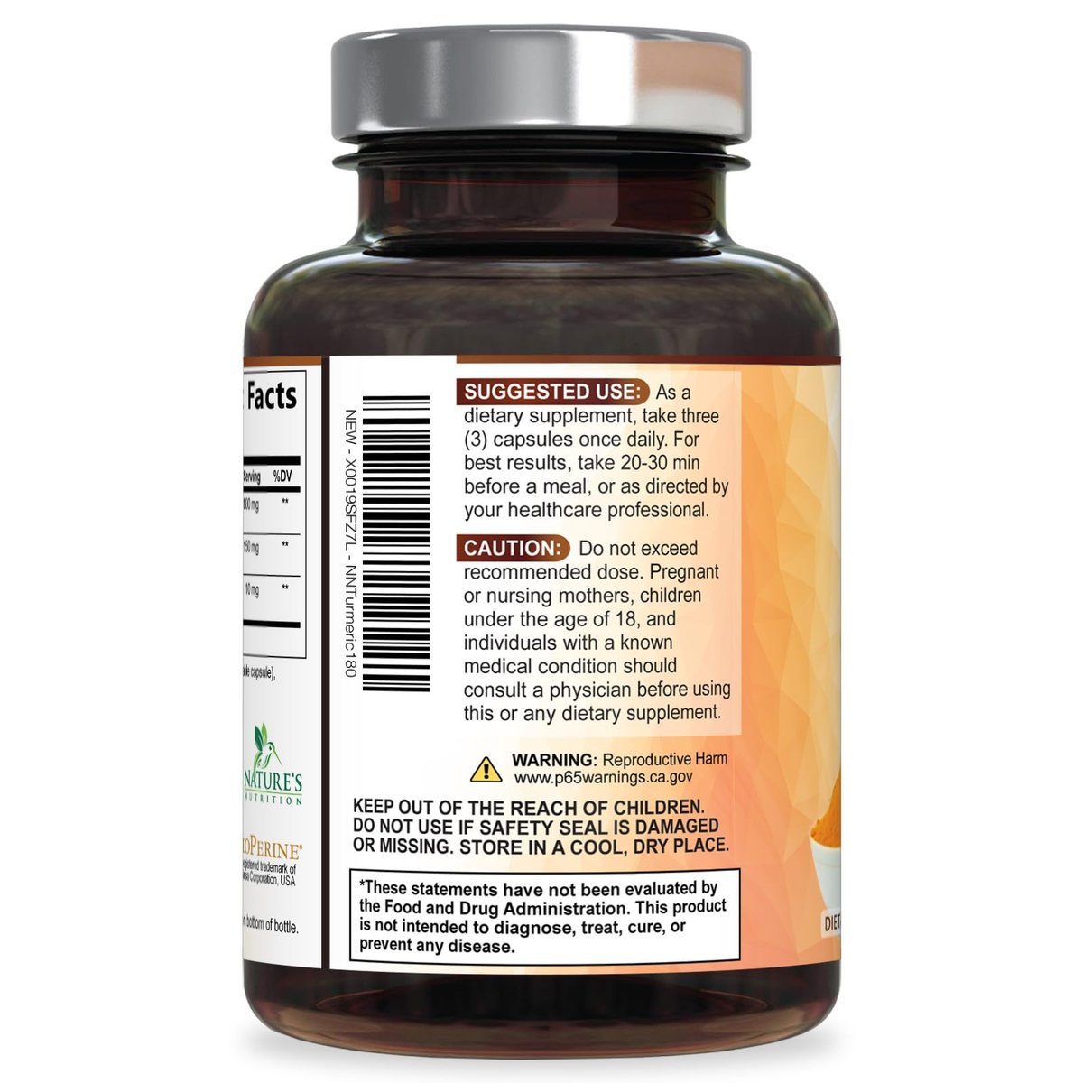 Turmeric Curcumin Komplex mit BioPerine Schwarzem Pfeffer – 95% Curcuminoide, Bio Kurkuma, 180 Kapseln – Vegan, Nicht-GMO, Hergestellt in USA