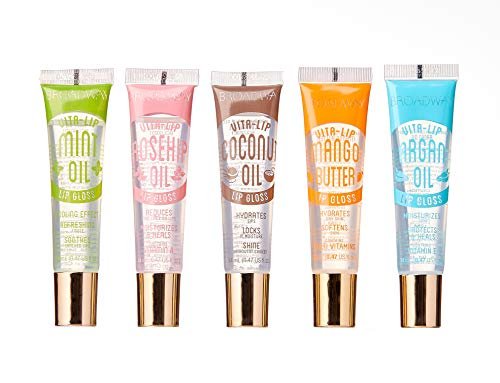Ruby Kisses Broadway Vita-Lip Klar Lipgloss (5er-Pack Minze, Hagebutte, Kokosnuss, Arganöl, Mangobutter), Ultra-feuchtigkeitsspendende & beruhigende Formel mit Vitaminölen, Hochglänzender, nicht klebender Abschluss-Lippenbalsam