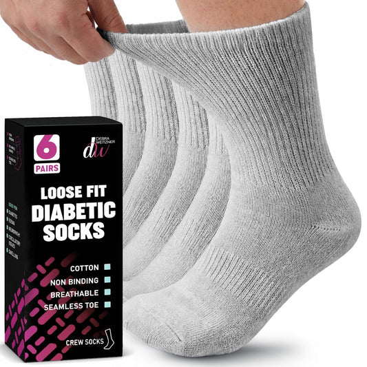 Debra Weitzner Diabetikersocken für Damen und Herren, lockerer Sitz, nicht einschnürend, Baumwoll-Crew-Socken, 6 Paar, Grau, Größe 13-15