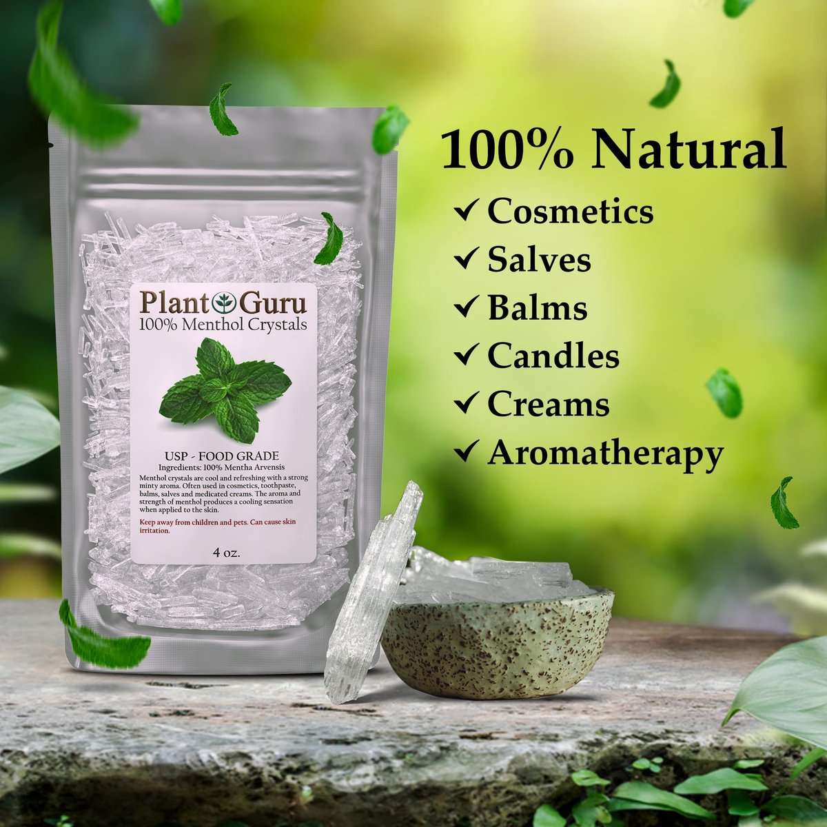 Menthol-Kristalle 113 g (4 oz) – 100 % reines natürliches Mentha Arvensis, USP-Lebensmittelqualität – Ideal für Kosmetik, Salben, Balsame, Cremes und Seifenherstellung