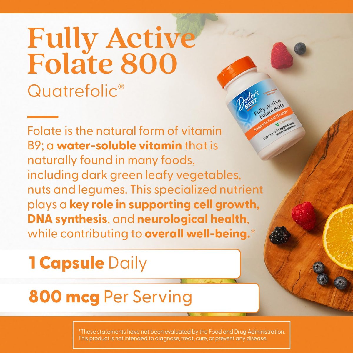 Doctor's Best Folat 800 mcg – Methylierte Folsäure (5-MTHF) für Männer & Frauen, 60 Kapseln