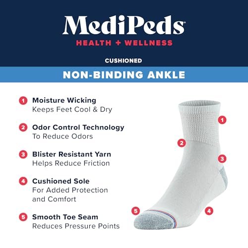 MediPeds Quarter-Socken mit nicht einschnürendem Bund, Polsterung und blasenresistent, 4 Paar, Weiß mit Pink, Schuhgröße: Herren 6-9; Damen 6-10
