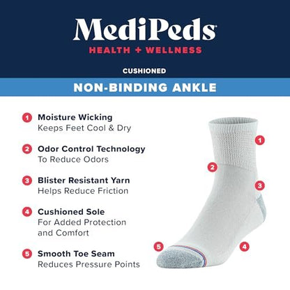 MediPeds Quarter-Socken mit nicht einschnürendem Bund, Polsterung und blasenresistent, 4 Paar, Weiß mit Pink, Schuhgröße: Herren 6-9; Damen 6-10