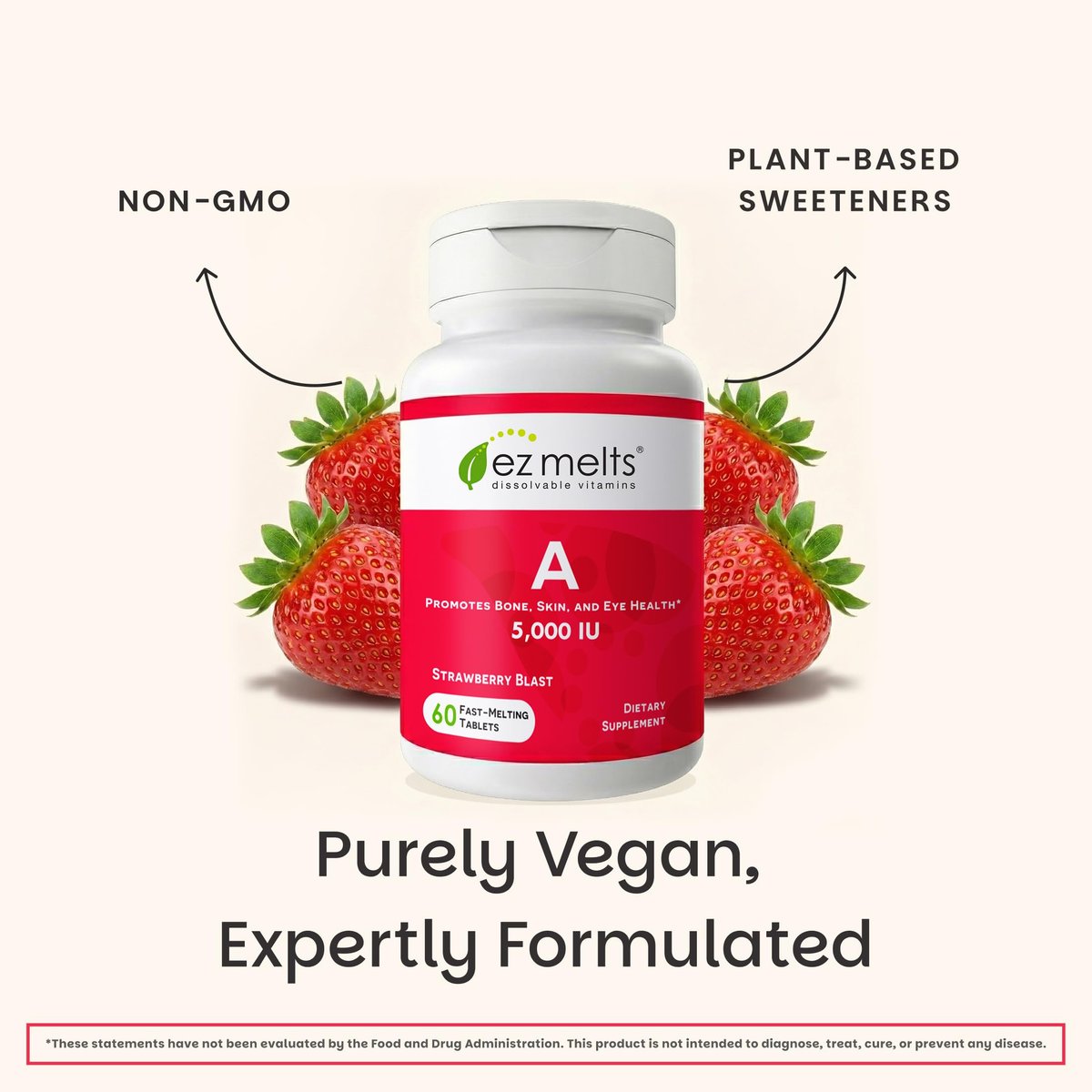 EZ Melts Vitamin A – Haut-, Augen- und Knochengesundheit, unterstützt das Nervensystem, ohne künstliche Aromen, Nicht-GVO & Vegan, Erdbeer-Geschmack, 60 lösliche Tabletten (60 Portionen)