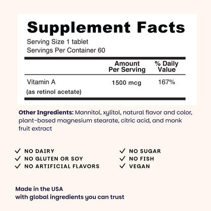EZ Melts Vitamin A – Haut-, Augen- und Knochengesundheit, unterstützt das Nervensystem, ohne künstliche Aromen, Nicht-GVO & Vegan, Erdbeer-Geschmack, 60 lösliche Tabletten (60 Portionen)