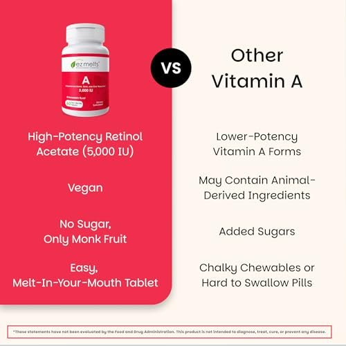 EZ Melts Vitamin A – Haut-, Augen- und Knochengesundheit, unterstützt das Nervensystem, ohne künstliche Aromen, Nicht-GVO & Vegan, Erdbeer-Geschmack, 60 lösliche Tabletten (60 Portionen)