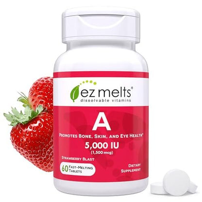 EZ Melts Vitamin A – Haut-, Augen- und Knochengesundheit, unterstützt das Nervensystem, ohne künstliche Aromen, Nicht-GVO & Vegan, Erdbeer-Geschmack, 60 lösliche Tabletten (60 Portionen)
