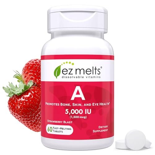 EZ Melts Vitamin A – Haut-, Augen- und Knochengesundheit, unterstützt das Nervensystem, ohne künstliche Aromen, Nicht-GVO & Vegan, Erdbeer-Geschmack, 60 lösliche Tabletten (60 Portionen)