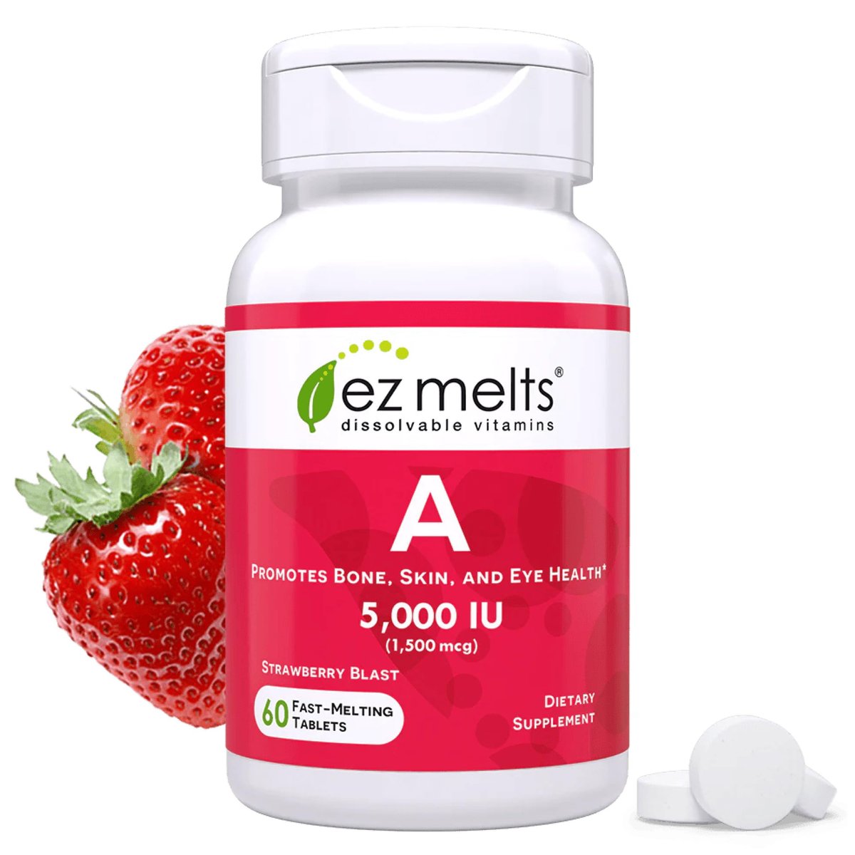 EZ Melts Vitamin A – Haut-, Augen- und Knochengesundheit, unterstützt das Nervensystem, ohne künstliche Aromen, Nicht-GVO & Vegan, Erdbeer-Geschmack, 60 lösliche Tabletten (60 Portionen)