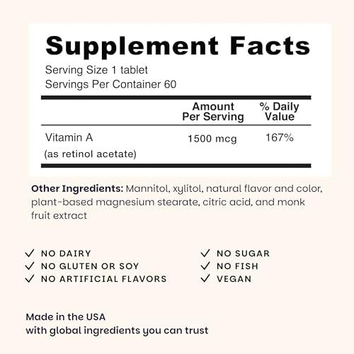 EZ Melts Vitamin A – Haut-, Augen- und Knochengesundheit, unterstützt das Nervensystem, ohne künstliche Aromen, Nicht-GVO & Vegan, Erdbeer-Geschmack, 60 lösliche Tabletten (60 Portionen)