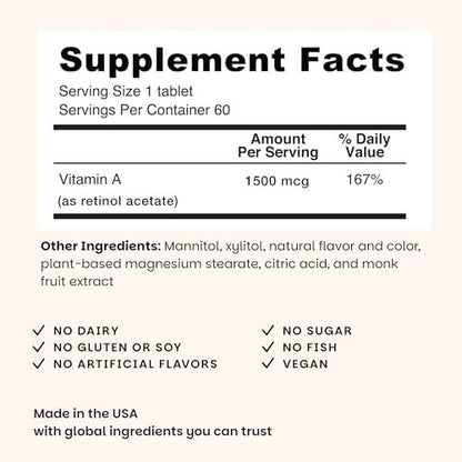 EZ Melts Vitamin A – Haut-, Augen- und Knochengesundheit, unterstützt das Nervensystem, ohne künstliche Aromen, Nicht-GVO & Vegan, Erdbeer-Geschmack, 60 lösliche Tabletten (60 Portionen)