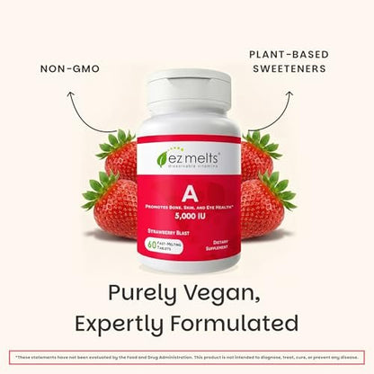 EZ Melts Vitamin A – Haut-, Augen- und Knochengesundheit, unterstützt das Nervensystem, ohne künstliche Aromen, Nicht-GVO & Vegan, Erdbeer-Geschmack, 60 lösliche Tabletten (60 Portionen)