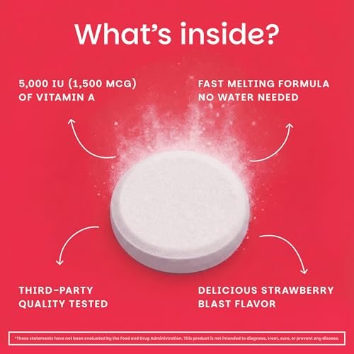 EZ Melts Vitamin A – Haut-, Augen- und Knochengesundheit, unterstützt das Nervensystem, ohne künstliche Aromen, Nicht-GVO & Vegan, Erdbeer-Geschmack, 60 lösliche Tabletten (60 Portionen)