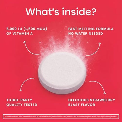 EZ Melts Vitamin A – Haut-, Augen- und Knochengesundheit, unterstützt das Nervensystem, ohne künstliche Aromen, Nicht-GVO & Vegan, Erdbeer-Geschmack, 60 lösliche Tabletten (60 Portionen)