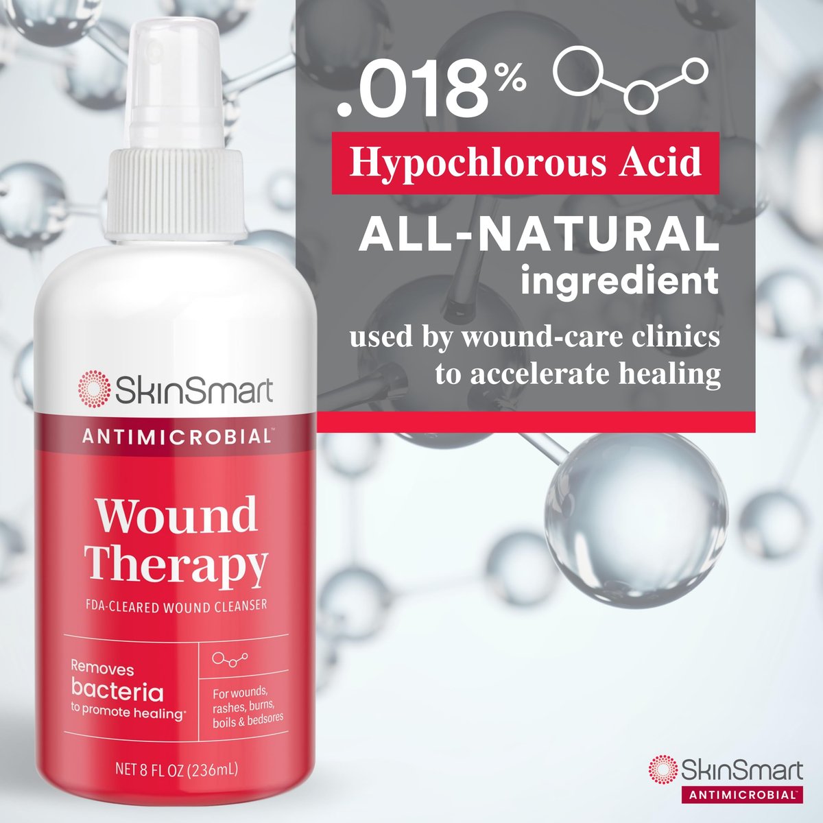 SkinSmart Antimicrobial Wundtherapie – Hypochlorige Säure entfernt Bakterien sicher, damit Wunden heilen können – 237 ml Klarspray