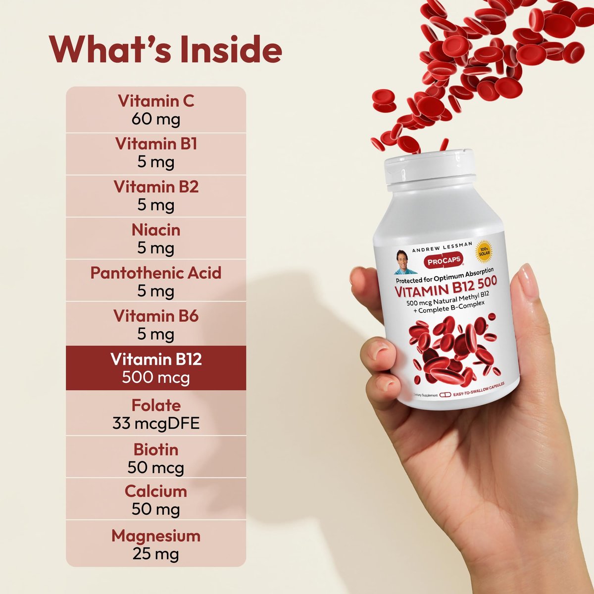 ANDREW LESSMAN Vitamin B12 500 60 Kapseln – Absorptionsgeschütztes Methylcobalamin (Natürliches Coenzym B12), Essentiell für Energie und Stressunterstützung, Plus B-Komplex, Leicht zu Schluckende Kapseln