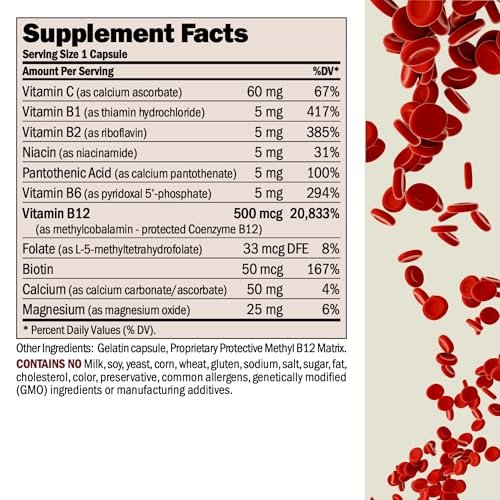 ANDREW LESSMAN Vitamin B12 500 60 Kapseln – Absorptionsgeschütztes Methylcobalamin (Natürliches Coenzym B12), Essentiell für Energie und Stressunterstützung, Plus B-Komplex, Leicht zu Schluckende Kapseln