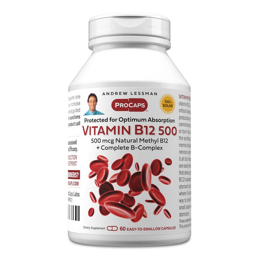 ANDREW LESSMAN Vitamin B12 500 60 Kapseln – Absorptionsgeschütztes Methylcobalamin (Natürliches Coenzym B12), Essentiell für Energie und Stressunterstützung, Plus B-Komplex, Leicht zu Schluckende Kapseln