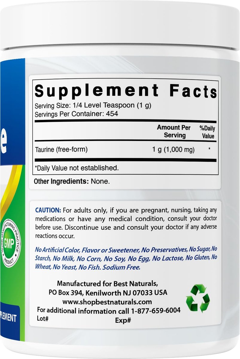 Best Naturals 100% Reines Taurin Pulver in freier Form – 1000 mg pro Portion – 454 g (1 lb)