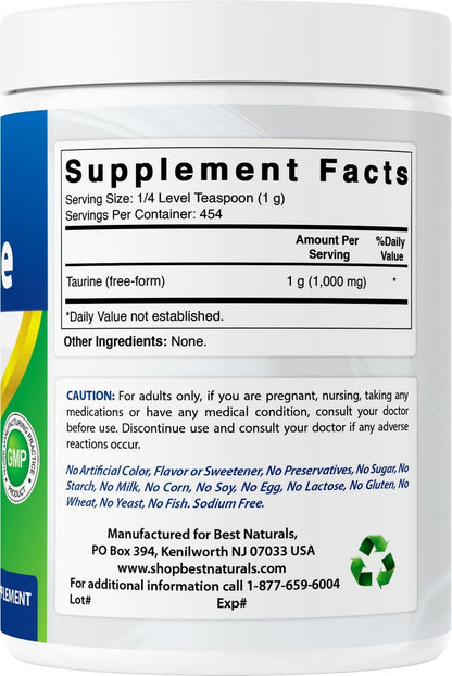 Best Naturals 100% Reines Taurin Pulver in freier Form – 1000 mg pro Portion – 454 g (1 lb)