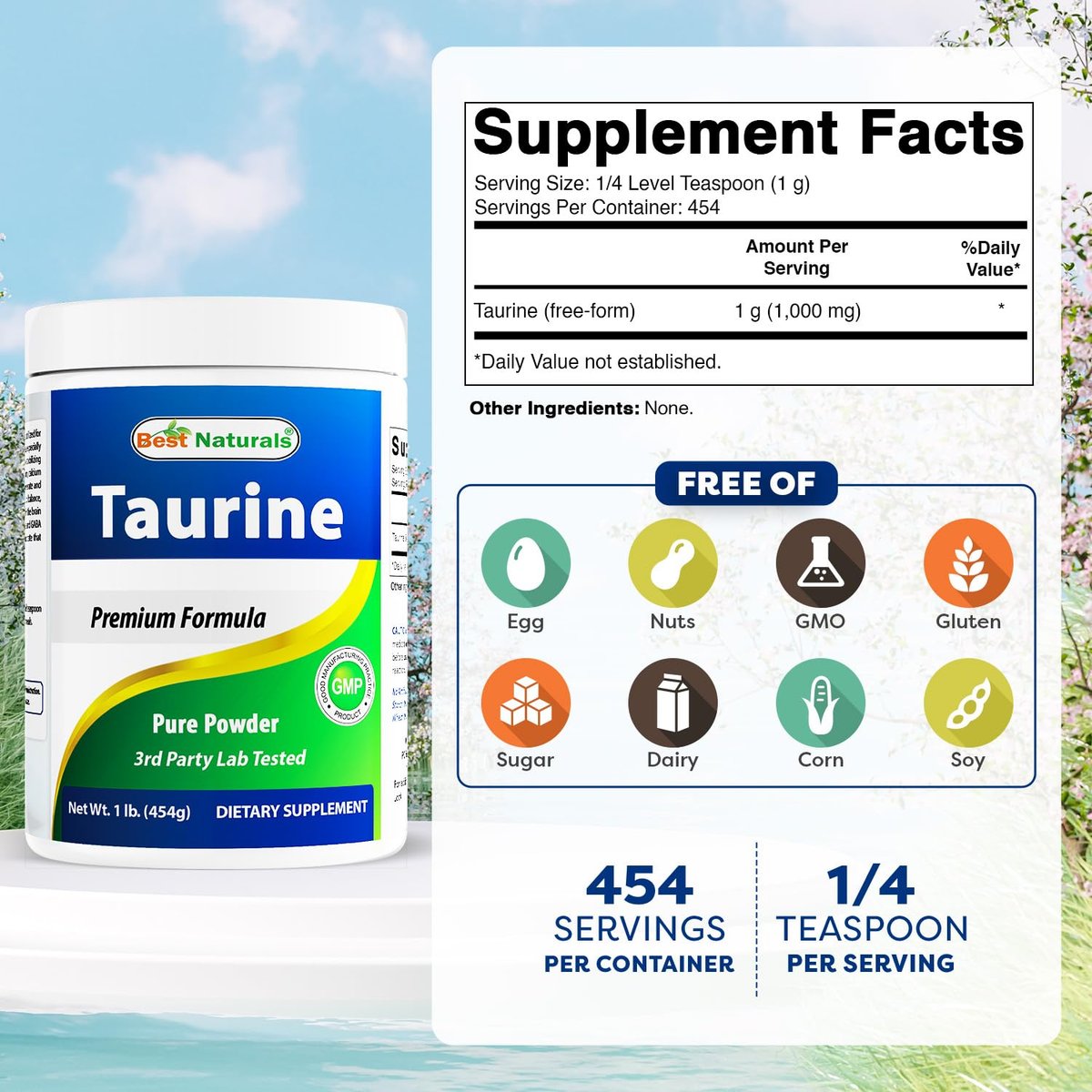 Best Naturals 100% Reines Taurin Pulver in freier Form – 1000 mg pro Portion – 454 g (1 lb)