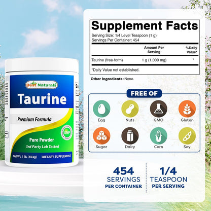 Best Naturals 100% Reines Taurin Pulver in freier Form – 1000 mg pro Portion – 454 g (1 lb)