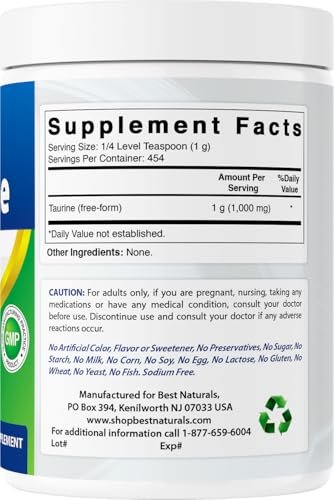 Best Naturals 100% Reines Taurin Pulver in freier Form – 1000 mg pro Portion – 454 g (1 lb)